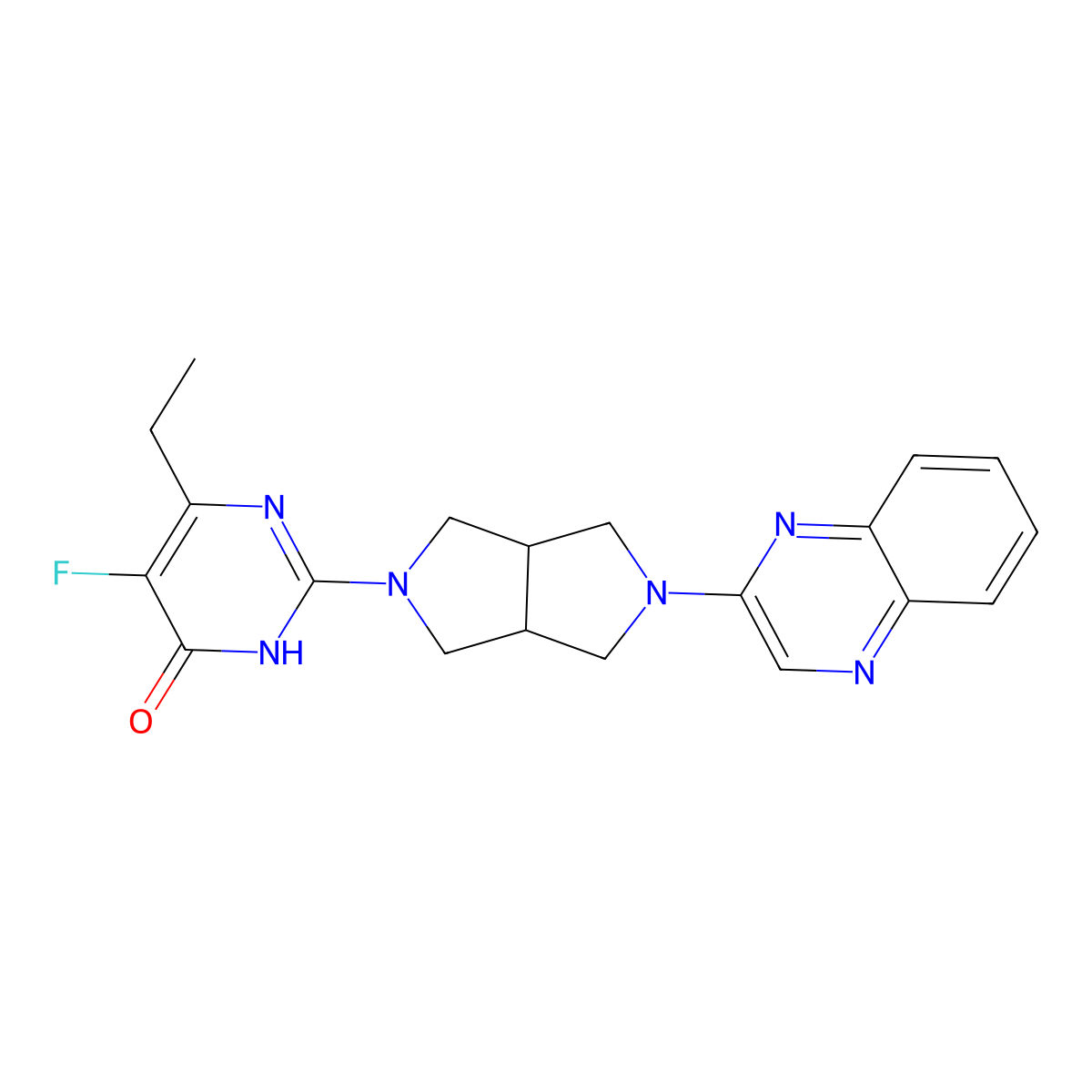 6-Ethyl-5-fluoro-2-[5-(quinoxalin-2-yl)-octahydropyrrolo[3,4-c]pyrrol-2-yl]-3,4-dihydropyrimidin-4-one molecular structure, CAS 2640934-25-2