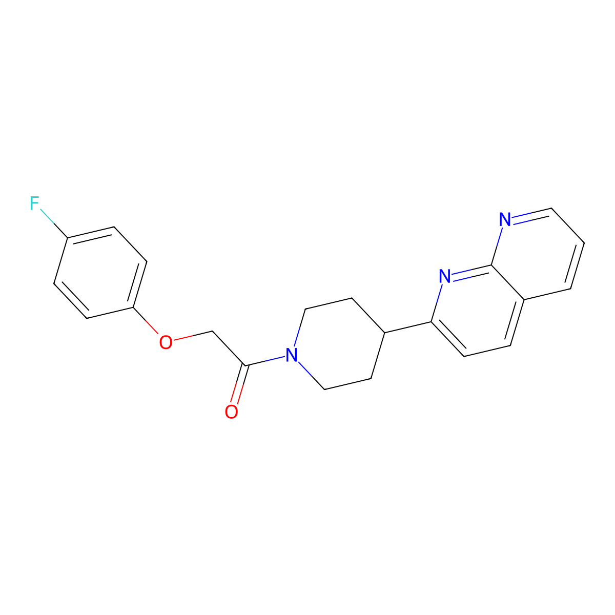 2-(4-Fluorophenoxy)-1-[4-(1,8-naphthyridin-2-yl)piperidin-1-yl]ethan-1-one molecular structure, CAS 2640934-28-5