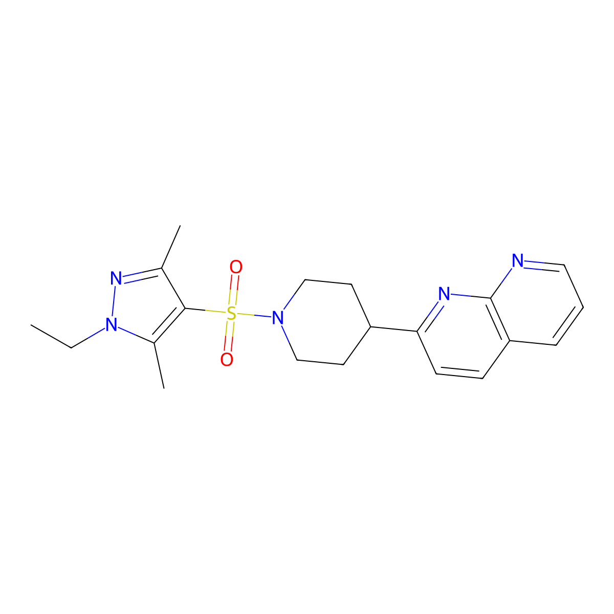 2-{1-[(1-ethyl-3,5-dimethyl-1H-pyrazol-4-yl)sulfonyl]piperidin-4-yl}-1,8-naphthyridine molecular structure, CAS 2640934-33-2