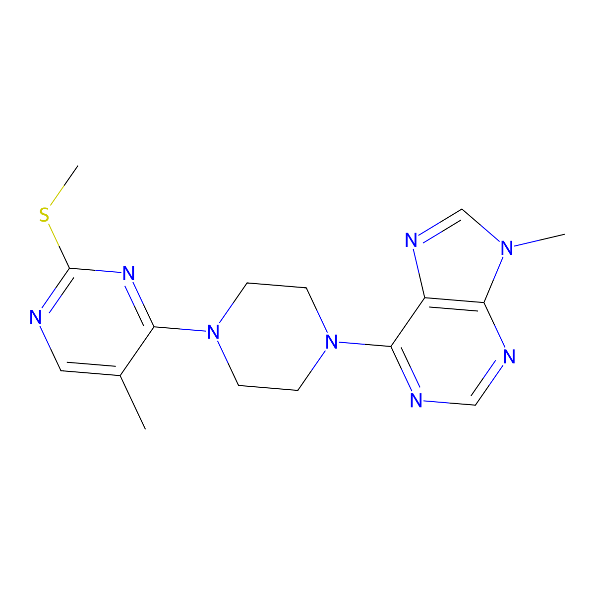 9-methyl-6-{4-[5-methyl-2-(methylsulfanyl)pyrimidin-4-yl]piperazin-1-yl}-9H-purine molecular structure, CAS 2640934-39-8
