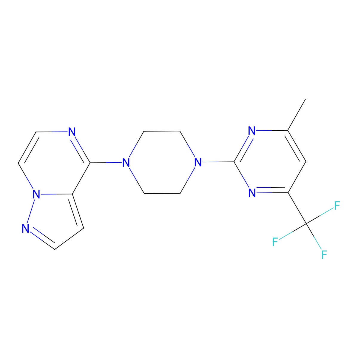 4-Methyl-2-(4-{pyrazolo[1,5-a]pyrazin-4-yl}piperazin-1-yl)-6-(trifluoromethyl)pyrimidine molecular structure, CAS 2640934-40-1