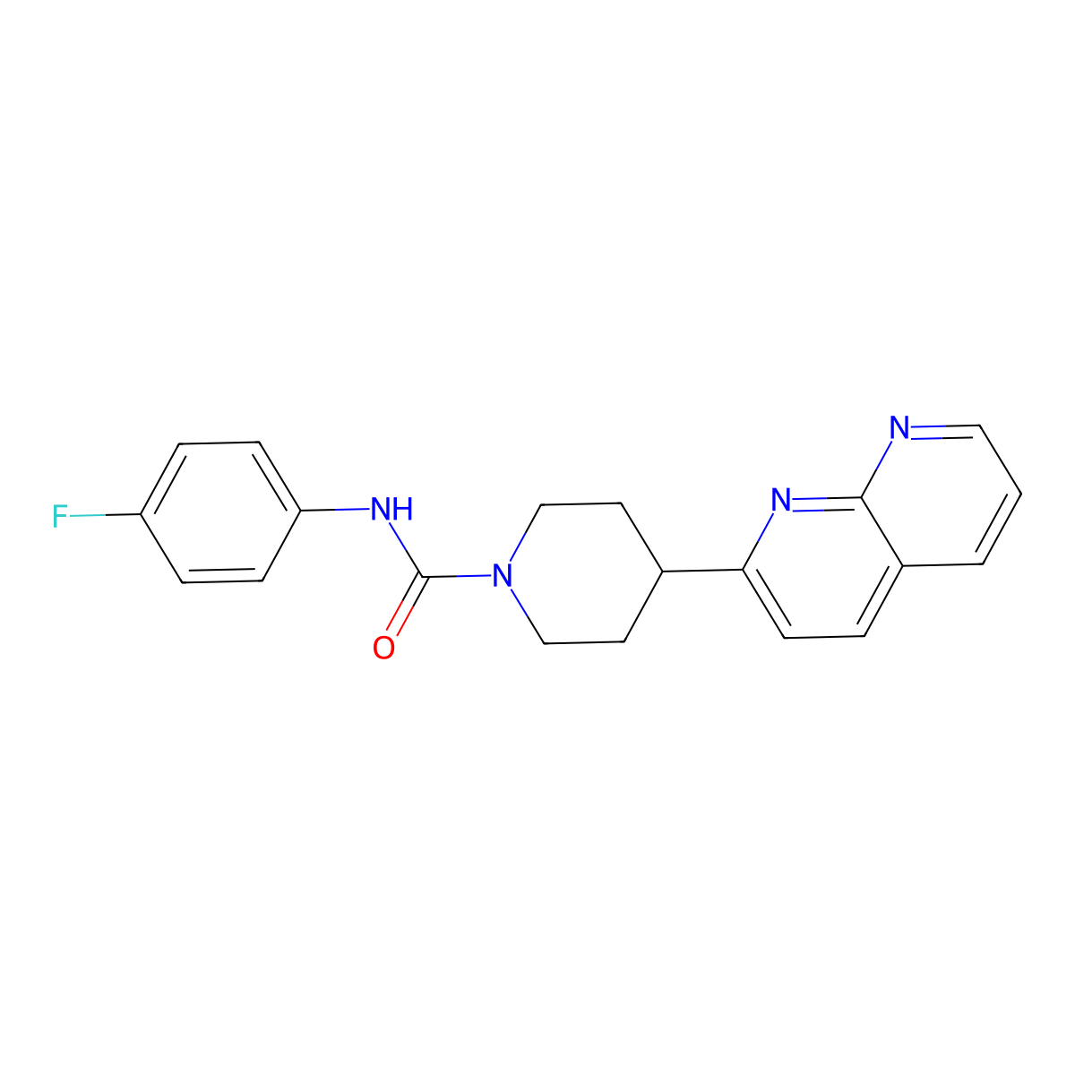 N-(4-fluorophenyl)-4-(1,8-naphthyridin-2-yl)piperidine-1-carboxamide molecular structure, CAS 2640934-42-3