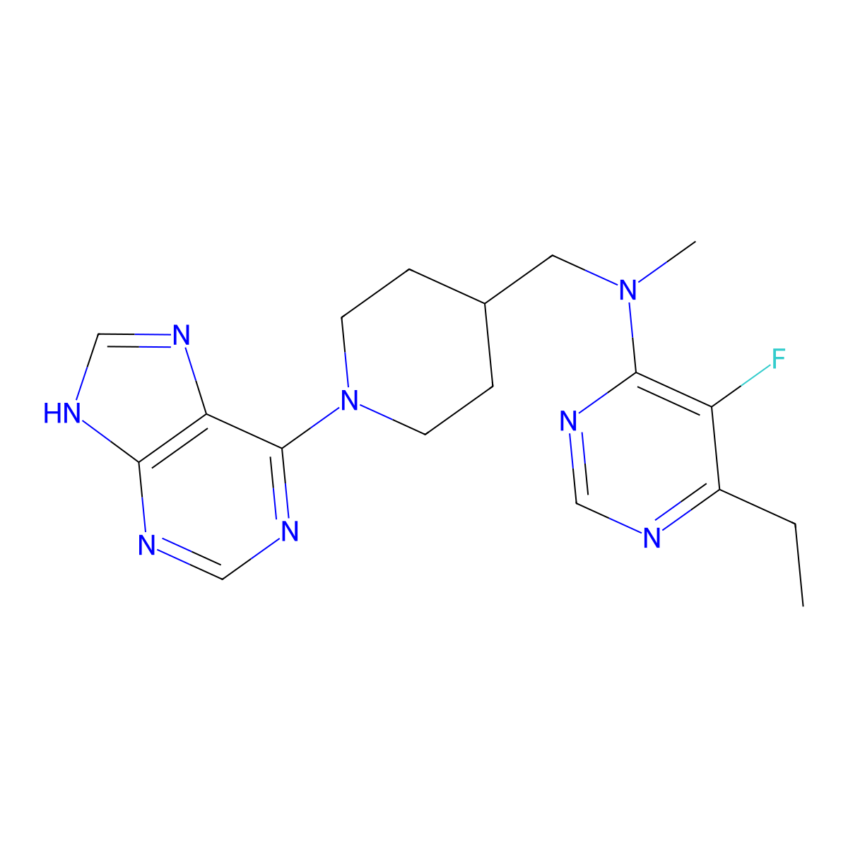 6-ethyl-5-fluoro-N-methyl-N-{[1-(9H-purin-6-yl)piperidin-4-yl]methyl}pyrimidin-4-amine molecular structure, CAS 2640934-45-6