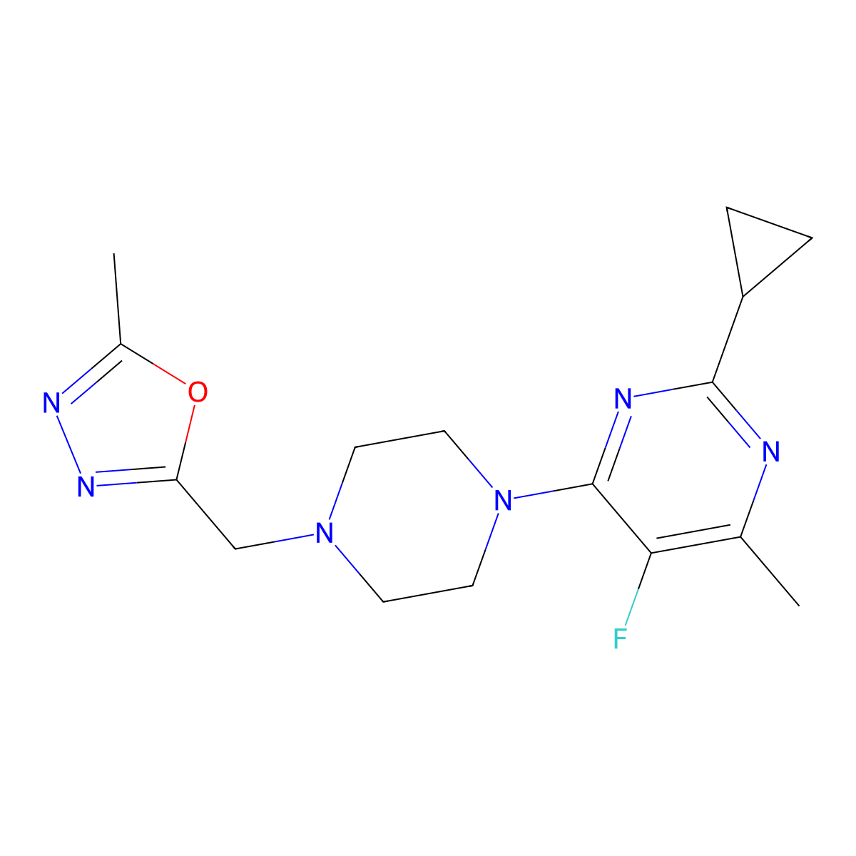 2-Cyclopropyl-5-fluoro-4-methyl-6-{4-[(5-methyl-1,3,4-oxadiazol-2-yl)methyl]piperazin-1-yl}pyrimidine molecular structure, CAS 2640934-47-8