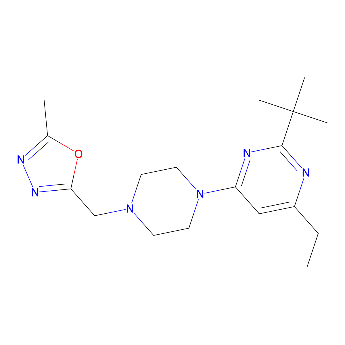 2-Tert-butyl-4-ethyl-6-{4-[(5-methyl-1,3,4-oxadiazol-2-yl)methyl]piperazin-1-yl}pyrimidine molecular structure, CAS 2640934-48-9