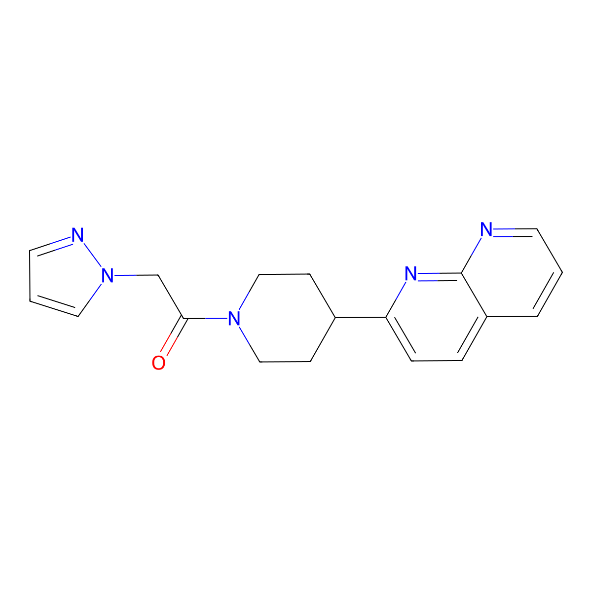 1-[4-(1,8-naphthyridin-2-yl)piperidin-1-yl]-2-(1H-pyrazol-1-yl)ethan-1-one molecular structure, CAS 2640934-52-5