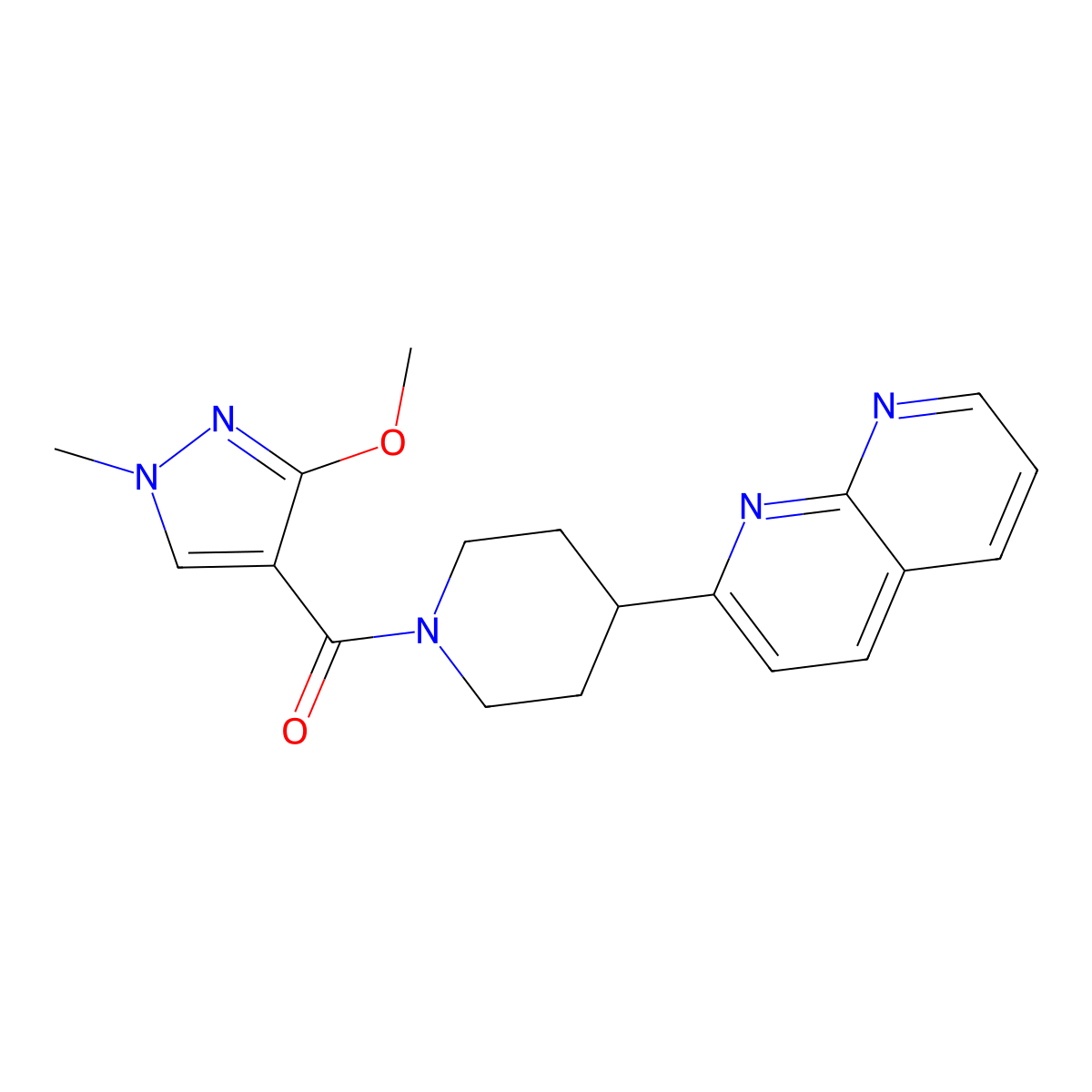 2-[1-(3-methoxy-1-methyl-1H-pyrazole-4-carbonyl)piperidin-4-yl]-1,8-naphthyridine molecular structure, CAS 2640934-54-7
