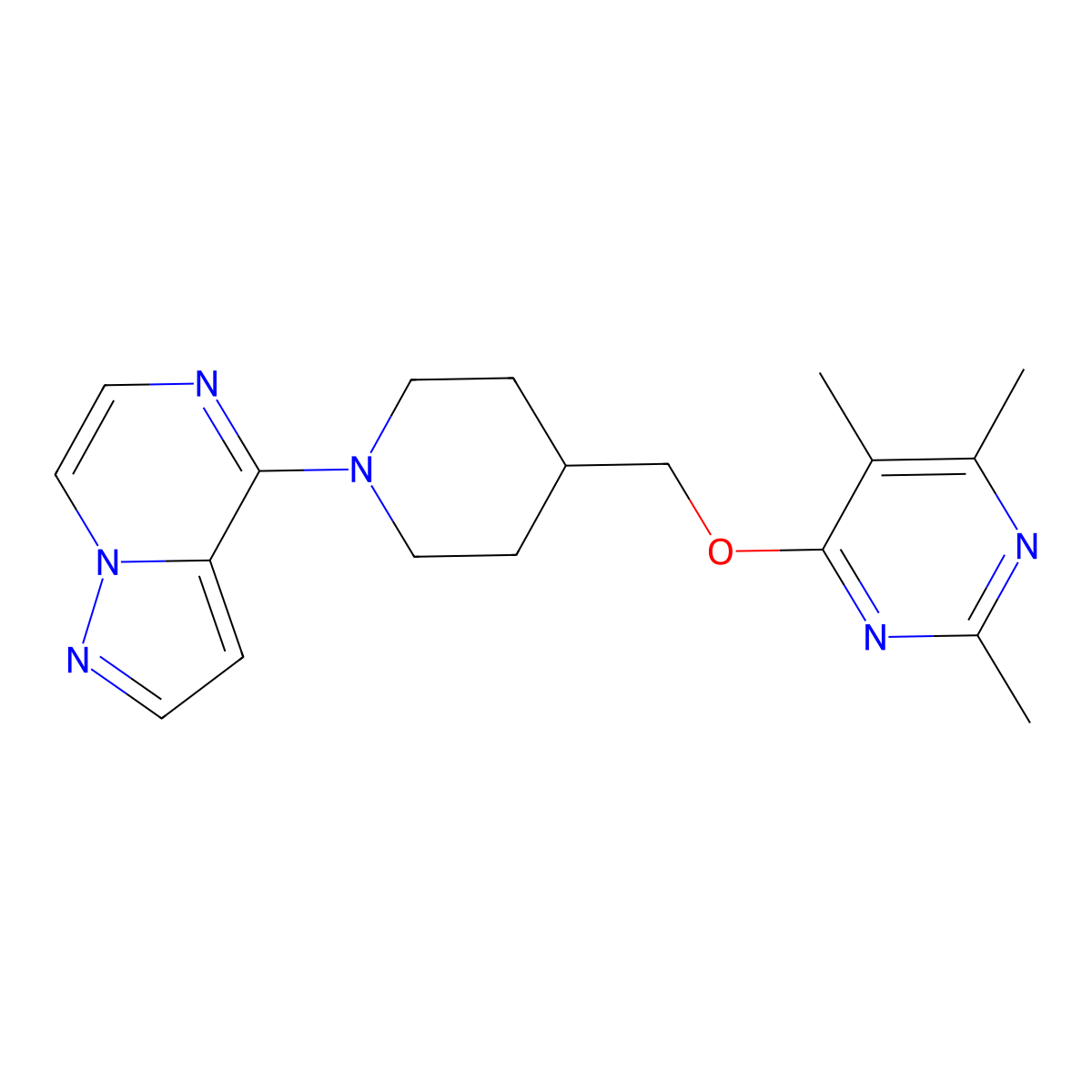 2,4,5-Trimethyl-6-[(1-{pyrazolo[1,5-a]pyrazin-4-yl}piperidin-4-yl)methoxy]pyrimidine molecular structure, CAS 2640934-57-0
