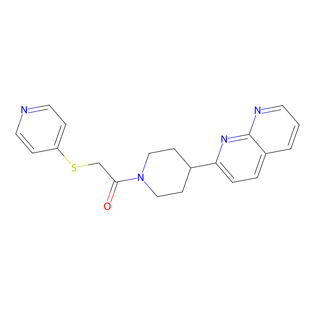 1-[4-(1,8-Naphthyridin-2-yl)piperidin-1-yl]-2-(pyridin-4-ylsulfanyl)ethan-1-one molecular structure, CAS 2640934-59-2