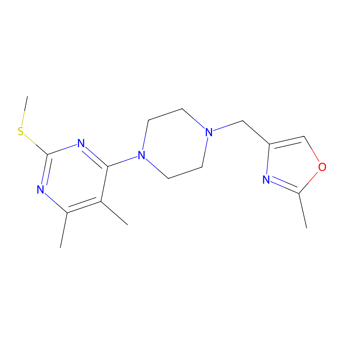 4,5-Dimethyl-6-{4-[(2-methyl-1,3-oxazol-4-yl)methyl]piperazin-1-yl}-2-(methylsulfanyl)pyrimidine molecular structure, CAS 2640934-62-7