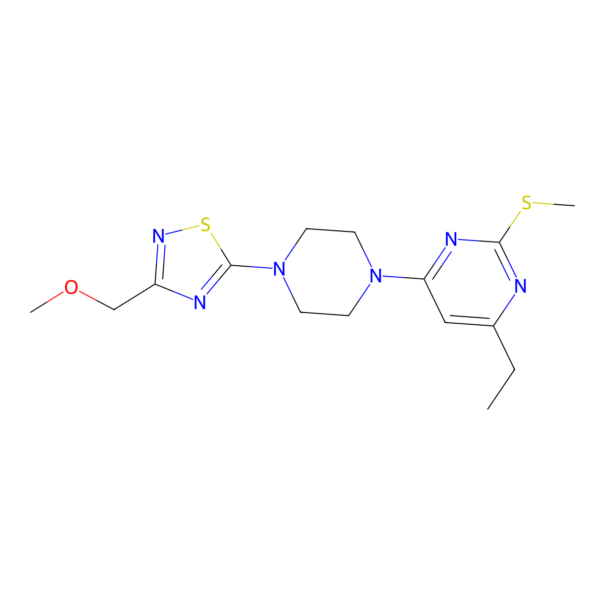 4-Ethyl-6-{4-[3-(methoxymethyl)-1,2,4-thiadiazol-5-yl]piperazin-1-yl}-2-(methylsulfanyl)pyrimidine molecular structure, CAS 2640934-64-9