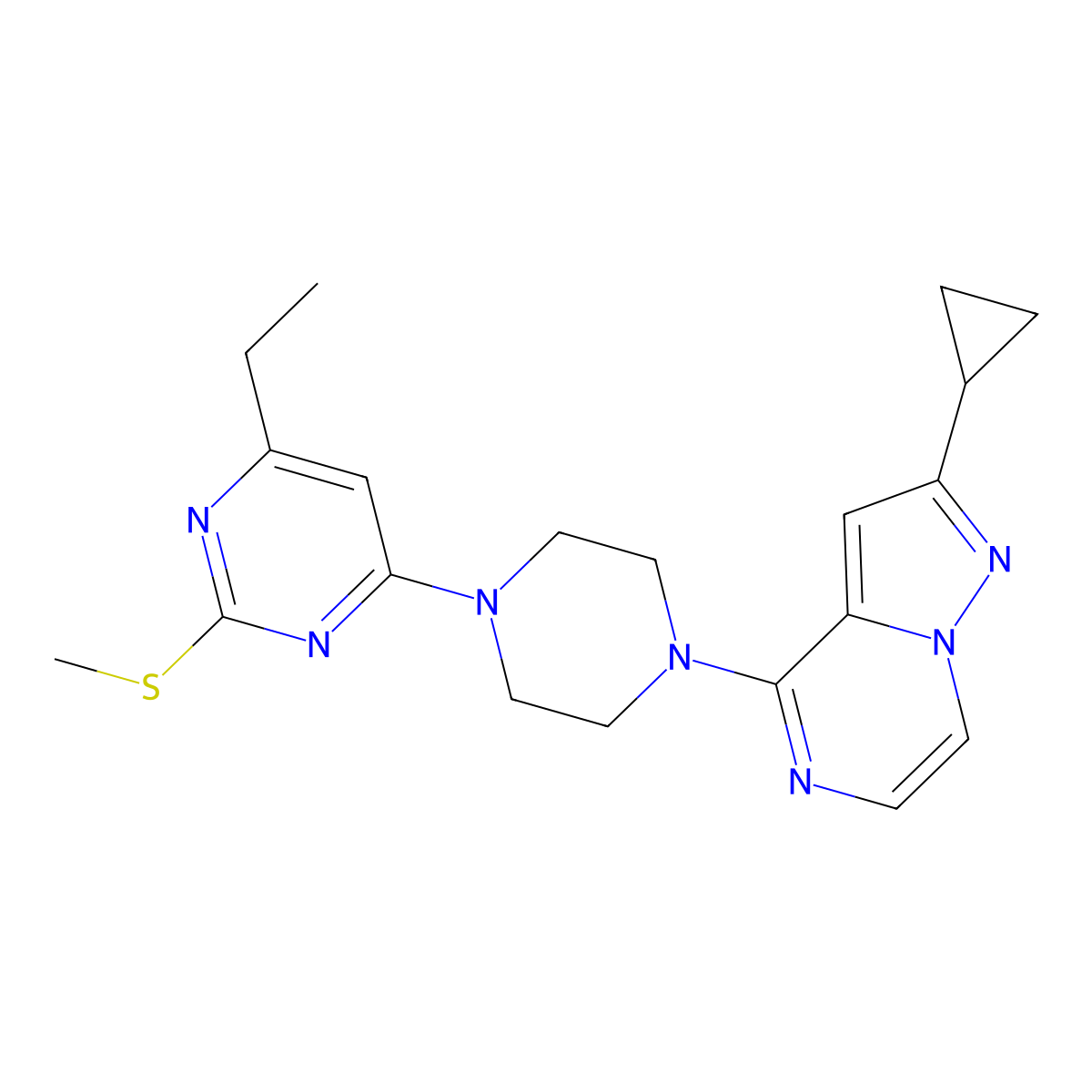 4-(4-{2-Cyclopropylpyrazolo[1,5-a]pyrazin-4-yl}piperazin-1-yl)-6-ethyl-2-(methylsulfanyl)pyrimidine molecular structure, CAS 2640934-69-4