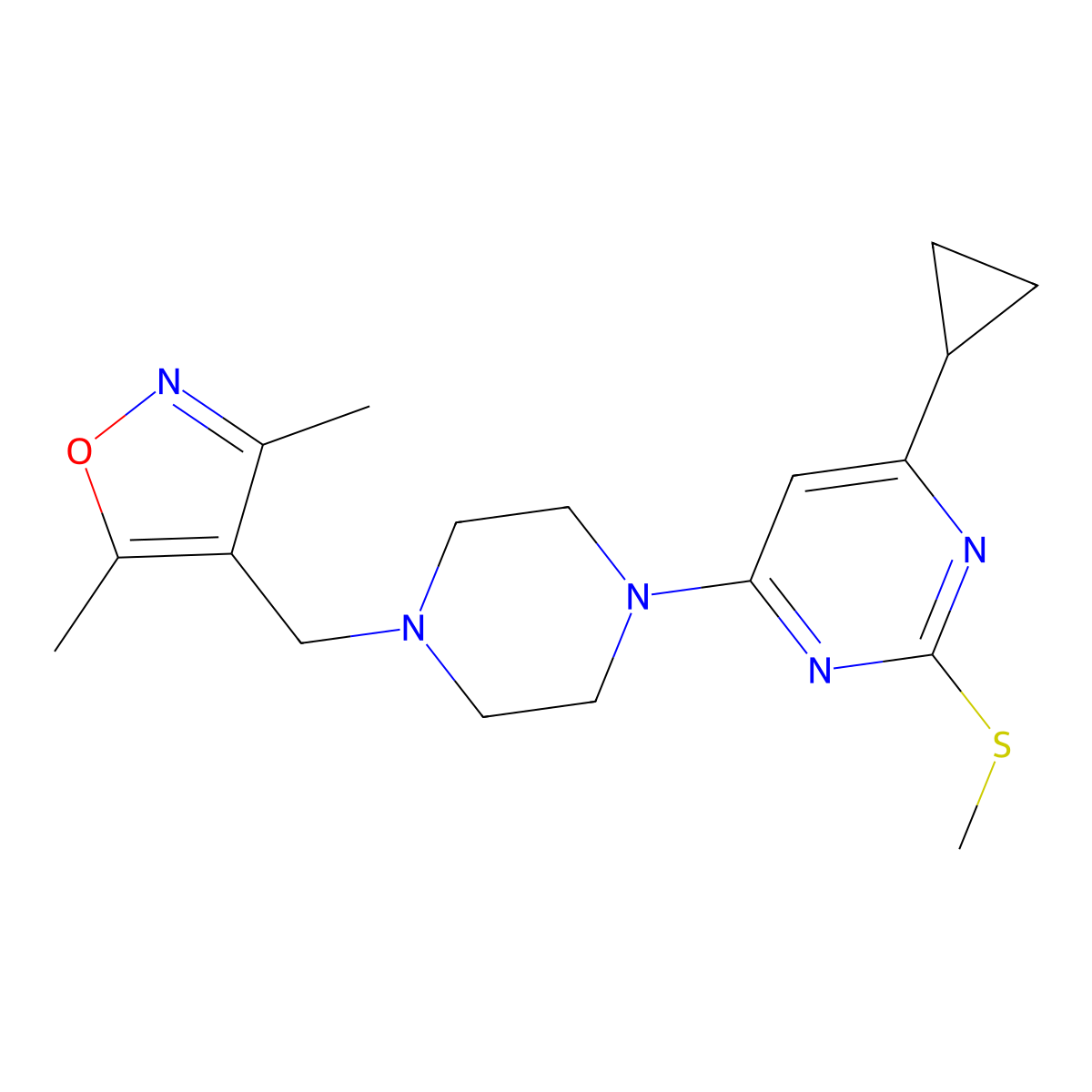4-Cyclopropyl-6-{4-[(3,5-dimethyl-1,2-oxazol-4-yl)methyl]piperazin-1-yl}-2-(methylsulfanyl)pyrimidine molecular structure, CAS 2640934-70-7