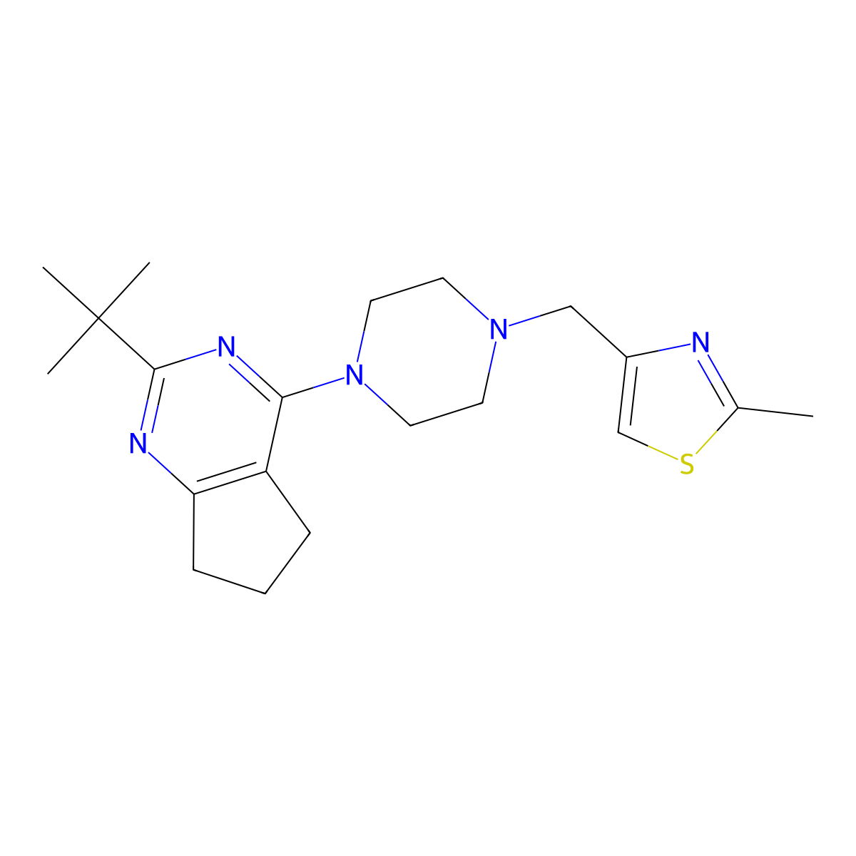 1-{2-tert-butyl-5H,6H,7H-cyclopenta[d]pyrimidin-4-yl}-4-[(2-methyl-1,3-thiazol-4-yl)methyl]piperazine molecular structure, CAS 2640934-72-9