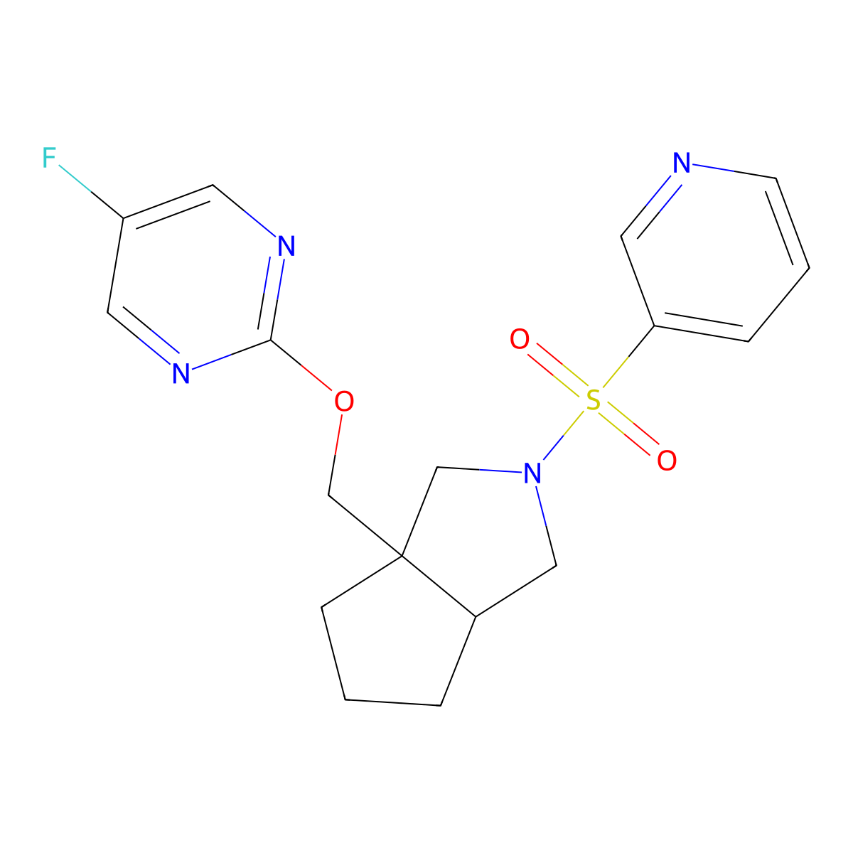 5-Fluoro-2-{[2-(pyridine-3-sulfonyl)-octahydrocyclopenta[c]pyrrol-3a-yl]methoxy}pyrimidine molecular structure, CAS 2640934-84-3