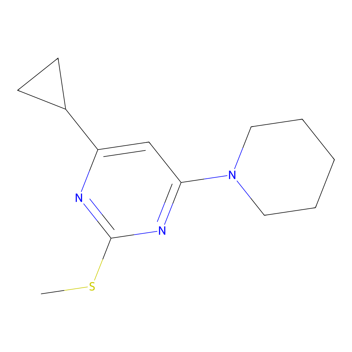 4-Cyclopropyl-2-(methylsulfanyl)-6-(piperidin-1-yl)pyrimidine molecular structure, CAS 2640934-85-4