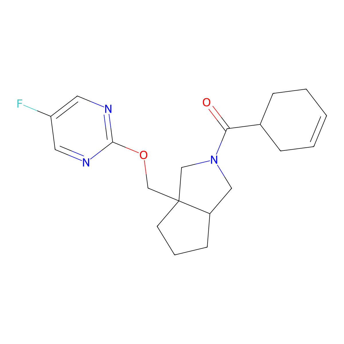 2-{[2-(Cyclohex-3-ene-1-carbonyl)-octahydrocyclopenta[c]pyrrol-3a-yl]methoxy}-5-fluoropyrimidine molecular structure, CAS 2640934-87-6