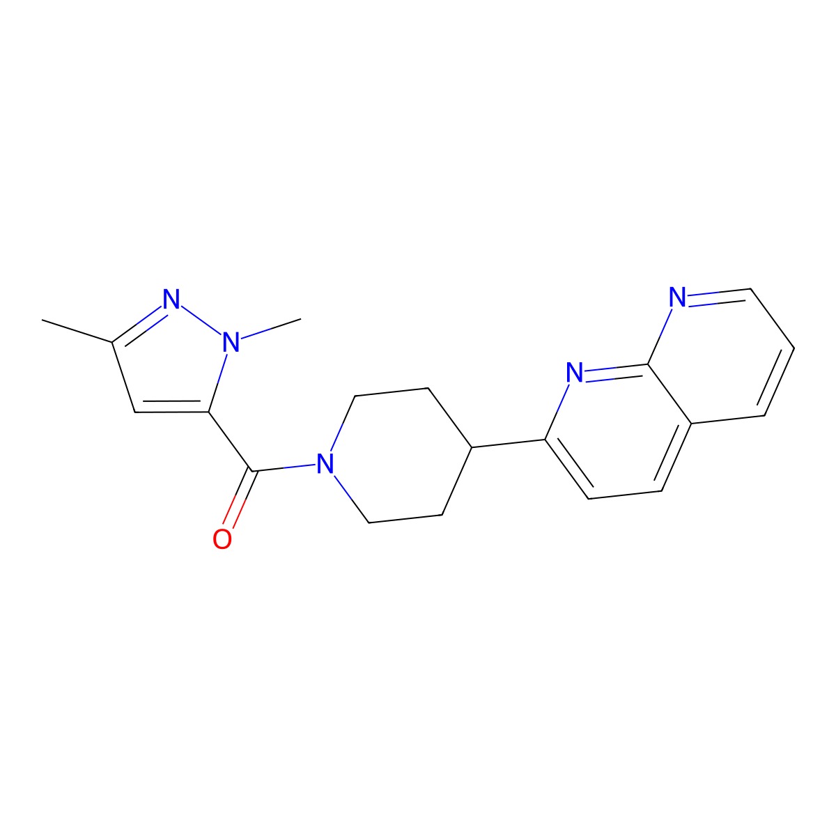 2-[1-(1,3-dimethyl-1H-pyrazole-5-carbonyl)piperidin-4-yl]-1,8-naphthyridine molecular structure, CAS 2640934-88-7