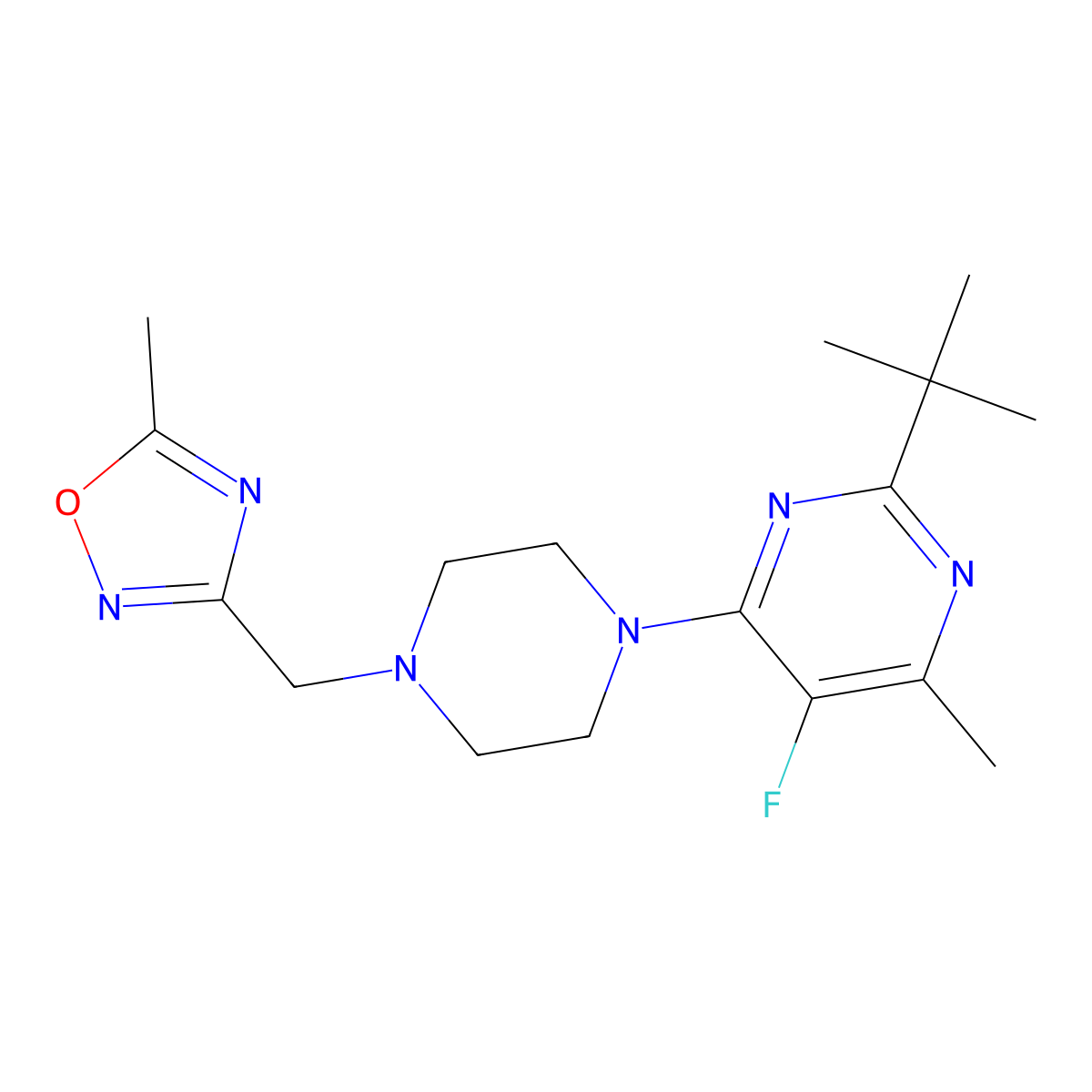 2-Tert-butyl-5-fluoro-4-methyl-6-{4-[(5-methyl-1,2,4-oxadiazol-3-yl)methyl]piperazin-1-yl}pyrimidine molecular structure, CAS 2640934-89-8