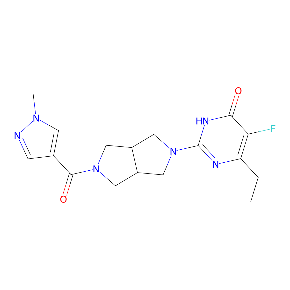 6-ethyl-5-fluoro-2-[5-(1-methyl-1H-pyrazole-4-carbonyl)-octahydropyrrolo[3,4-c]pyrrol-2-yl]-3,4-dihydropyrimidin-4-one molecular structure, CAS 2640934-91-2