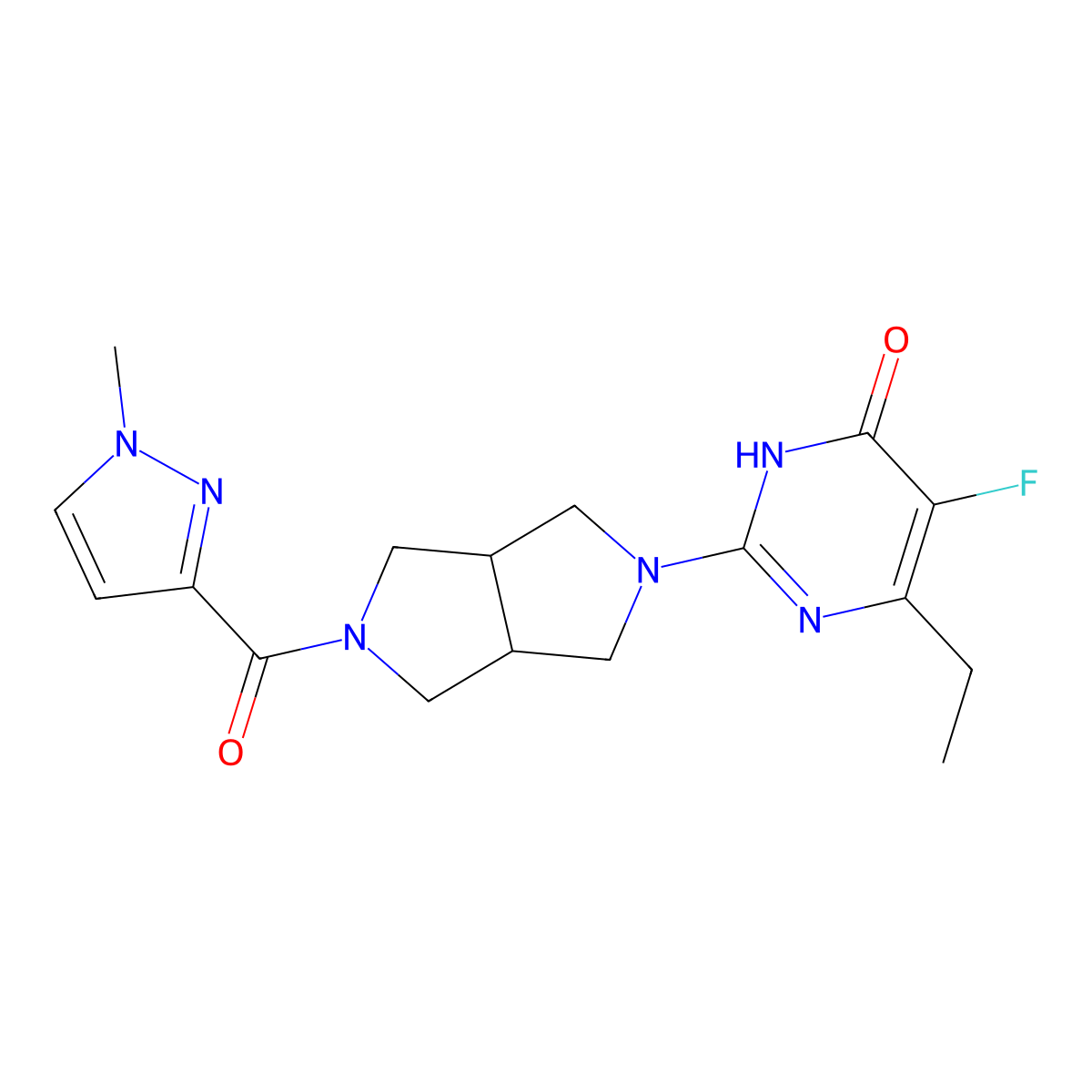 6-ethyl-5-fluoro-2-[5-(1-methyl-1H-pyrazole-3-carbonyl)-octahydropyrrolo[3,4-c]pyrrol-2-yl]-3,4-dihydropyrimidin-4-one molecular structure, CAS 2640934-93-4