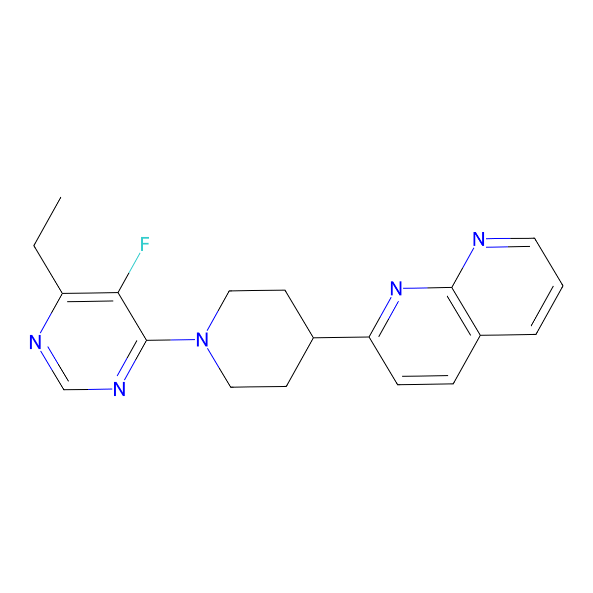 2-[1-(6-Ethyl-5-fluoropyrimidin-4-yl)piperidin-4-yl]-1,8-naphthyridine molecular structure, CAS 2640934-94-5