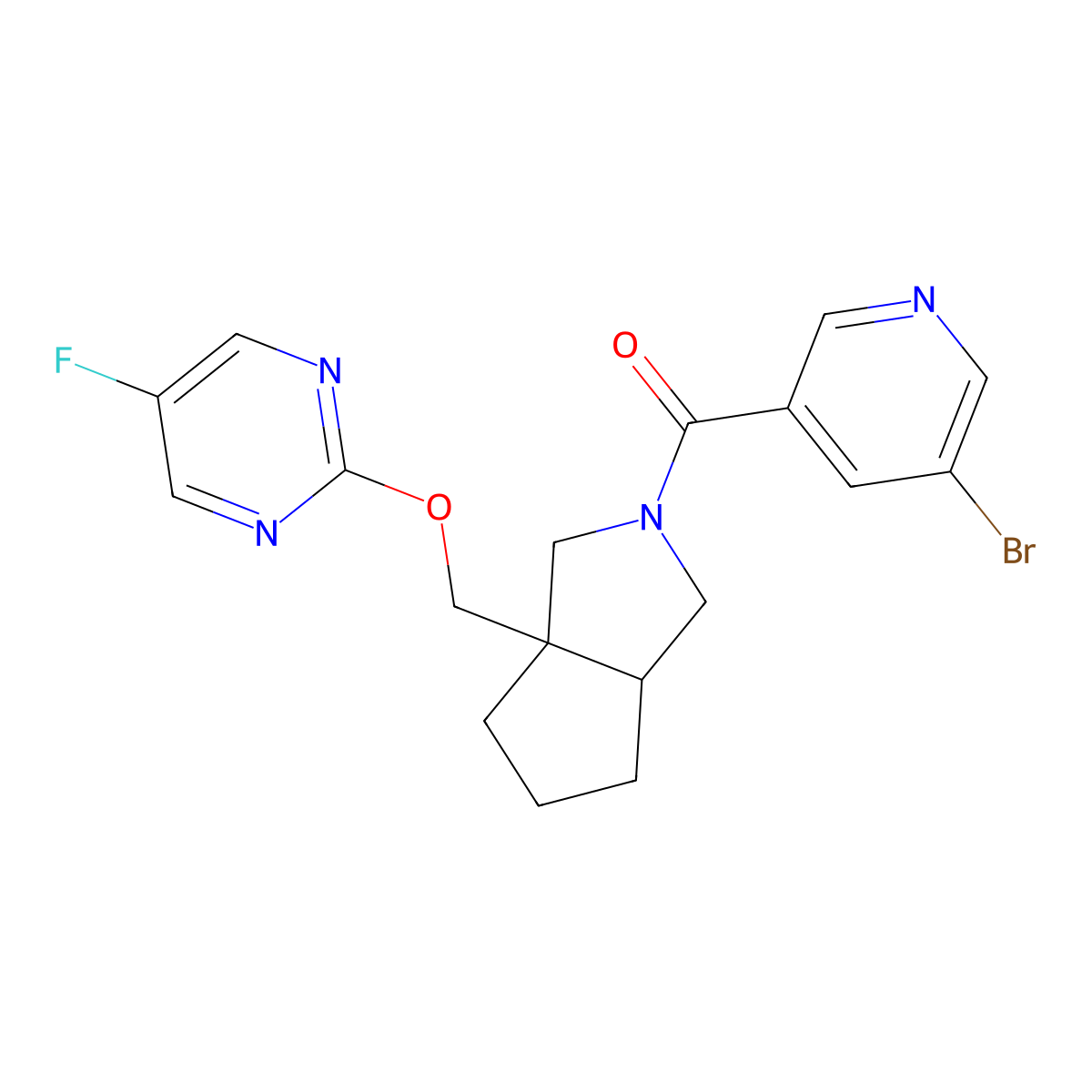 2-{[2-(5-Bromopyridine-3-carbonyl)-octahydrocyclopenta[c]pyrrol-3a-yl]methoxy}-5-fluoropyrimidine molecular structure, CAS 2640934-98-9