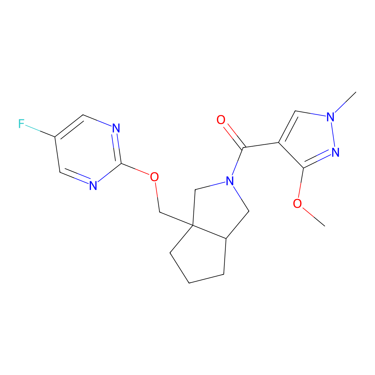 5-fluoro-2-{[2-(3-methoxy-1-methyl-1H-pyrazole-4-carbonyl)-octahydrocyclopenta[c]pyrrol-3a-yl]methoxy}pyrimidine molecular structure, CAS 2640934-99-0