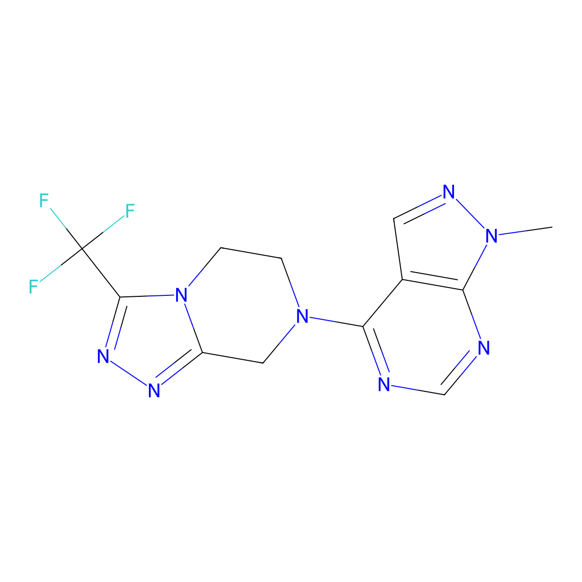 7-{1-methyl-1H-pyrazolo[3,4-d]pyrimidin-4-yl}-3-(trifluoromethyl)-5H,6H,7H,8H-[1,2,4]triazolo[4,3-a]pyrazine molecular structure, CAS 2640935-11-9