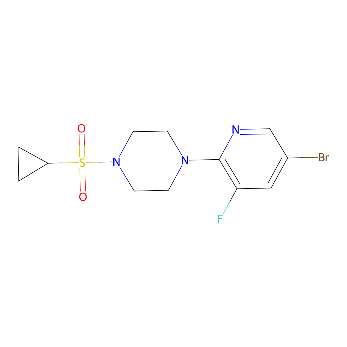1-(5-Bromo-3-fluoropyridin-2-yl)-4-(cyclopropanesulfonyl)piperazine molecular structure, CAS 2640935-16-4