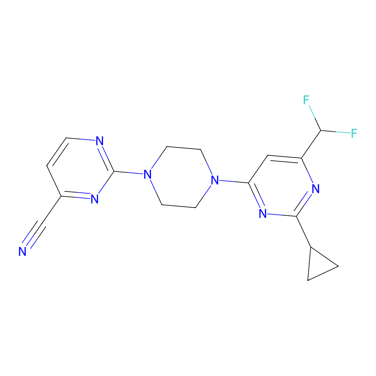 2-{4-[2-Cyclopropyl-6-(difluoromethyl)pyrimidin-4-yl]piperazin-1-yl}pyrimidine-4-carbonitrile molecular structure, CAS 2640935-23-3
