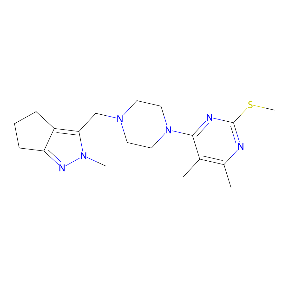 4,5-dimethyl-6-[4-({2-methyl-2H,4H,5H,6H-cyclopenta[c]pyrazol-3-yl}methyl)piperazin-1-yl]-2-(methylsulfanyl)pyrimidine molecular structure, CAS 2640935-24-4