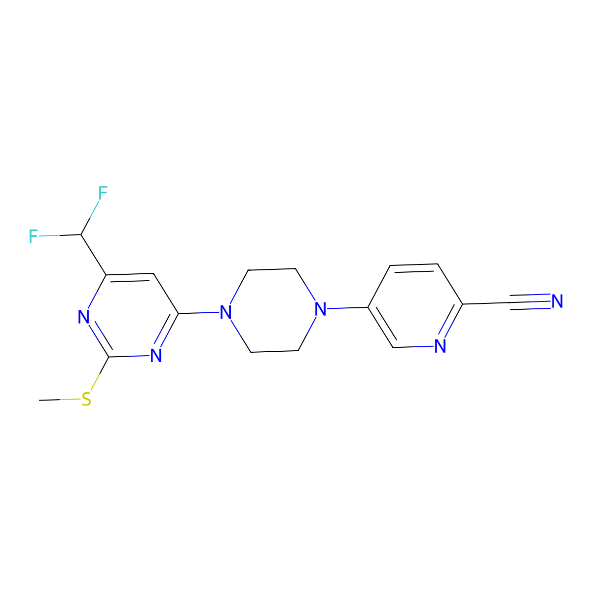 5-{4-[6-(Difluoromethyl)-2-(methylsulfanyl)pyrimidin-4-yl]piperazin-1-yl}pyridine-2-carbonitrile molecular structure, CAS 2640935-26-6
