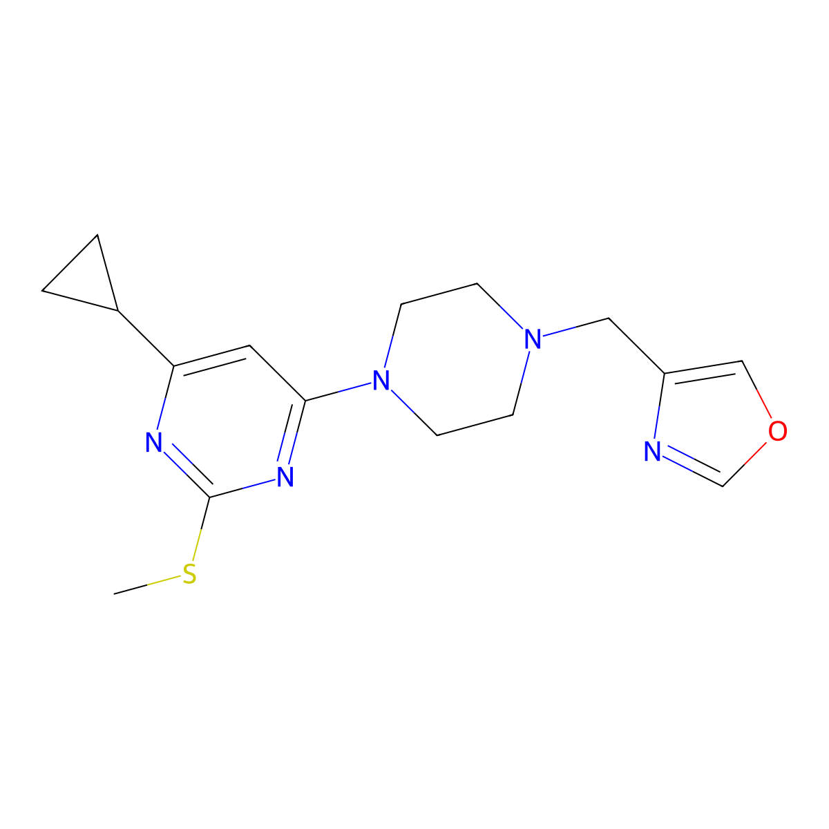 4-Cyclopropyl-2-(methylsulfanyl)-6-{4-[(1,3-oxazol-4-yl)methyl]piperazin-1-yl}pyrimidine molecular structure, CAS 2640935-29-9