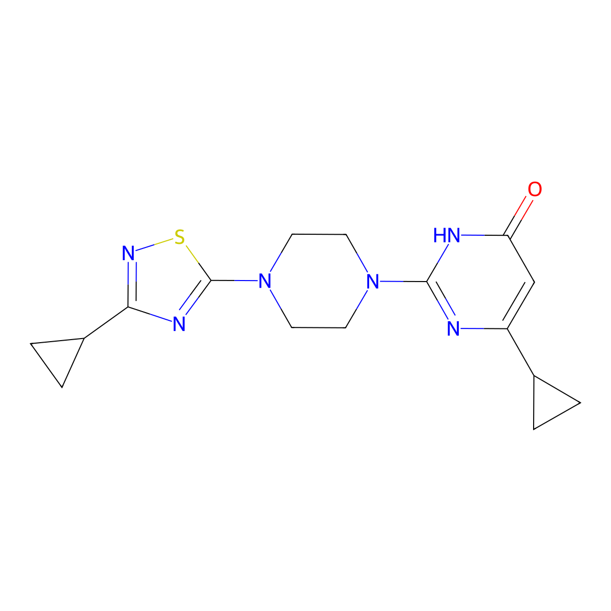 6-Cyclopropyl-2-[4-(3-cyclopropyl-1,2,4-thiadiazol-5-yl)piperazin-1-yl]-3,4-dihydropyrimidin-4-one molecular structure, CAS 2640935-31-3