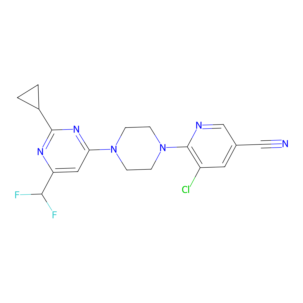 5-Chloro-6-{4-[2-cyclopropyl-6-(difluoromethyl)pyrimidin-4-yl]piperazin-1-yl}pyridine-3-carbonitrile molecular structure, CAS 2640935-34-6