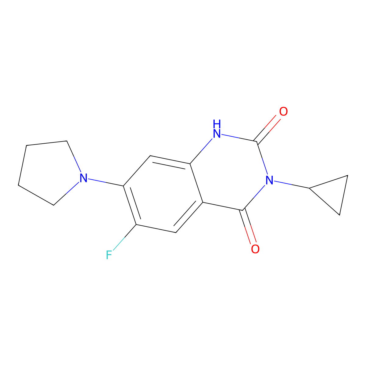 3-Cyclopropyl-6-fluoro-7-(pyrrolidin-1-yl)-1,2,3,4-tetrahydroquinazoline-2,4-dione molecular structure, CAS 2640935-36-8