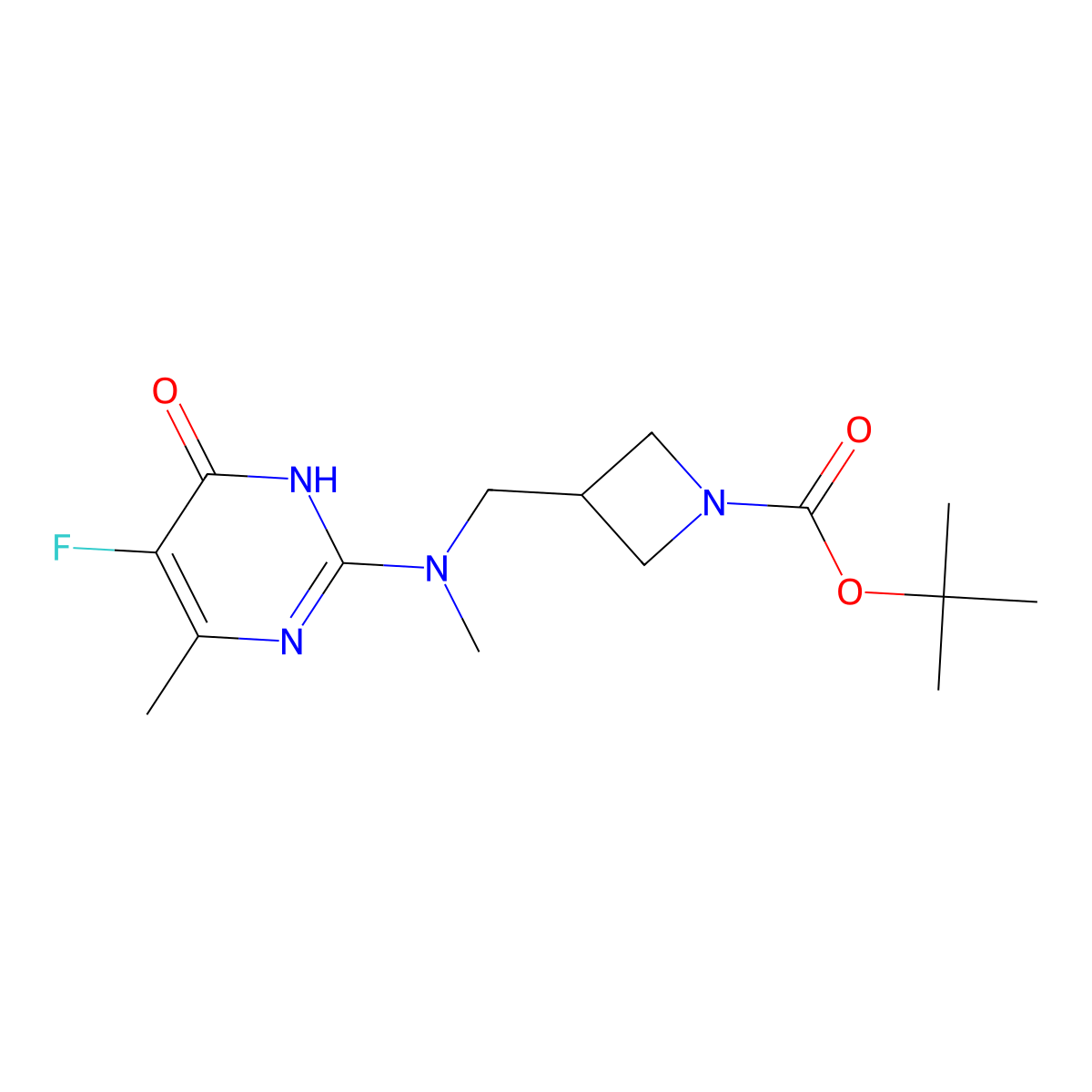 Tert-butyl 3-{[(5-fluoro-4-methyl-6-oxo-1,6-dihydropyrimidin-2-yl)(methyl)amino]methyl}azetidine-1-carboxylate molecular structure, CAS 2640935-38-0
