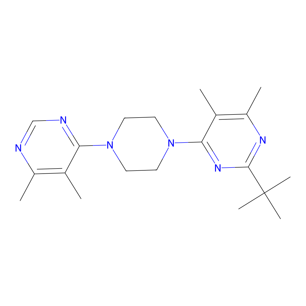 2-Tert-butyl-4-[4-(5,6-dimethylpyrimidin-4-yl)piperazin-1-yl]-5,6-dimethylpyrimidine molecular structure, CAS 2640935-40-4