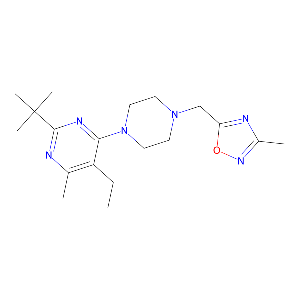 2-Tert-butyl-5-ethyl-4-methyl-6-{4-[(3-methyl-1,2,4-oxadiazol-5-yl)methyl]piperazin-1-yl}pyrimidine molecular structure, CAS 2640935-42-6