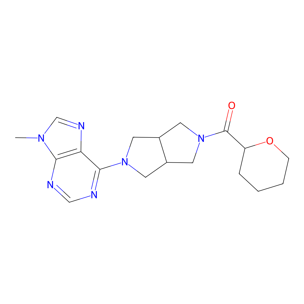9-methyl-6-[5-(oxane-2-carbonyl)-octahydropyrrolo[3,4-c]pyrrol-2-yl]-9H-purine molecular structure, CAS 2640935-47-1