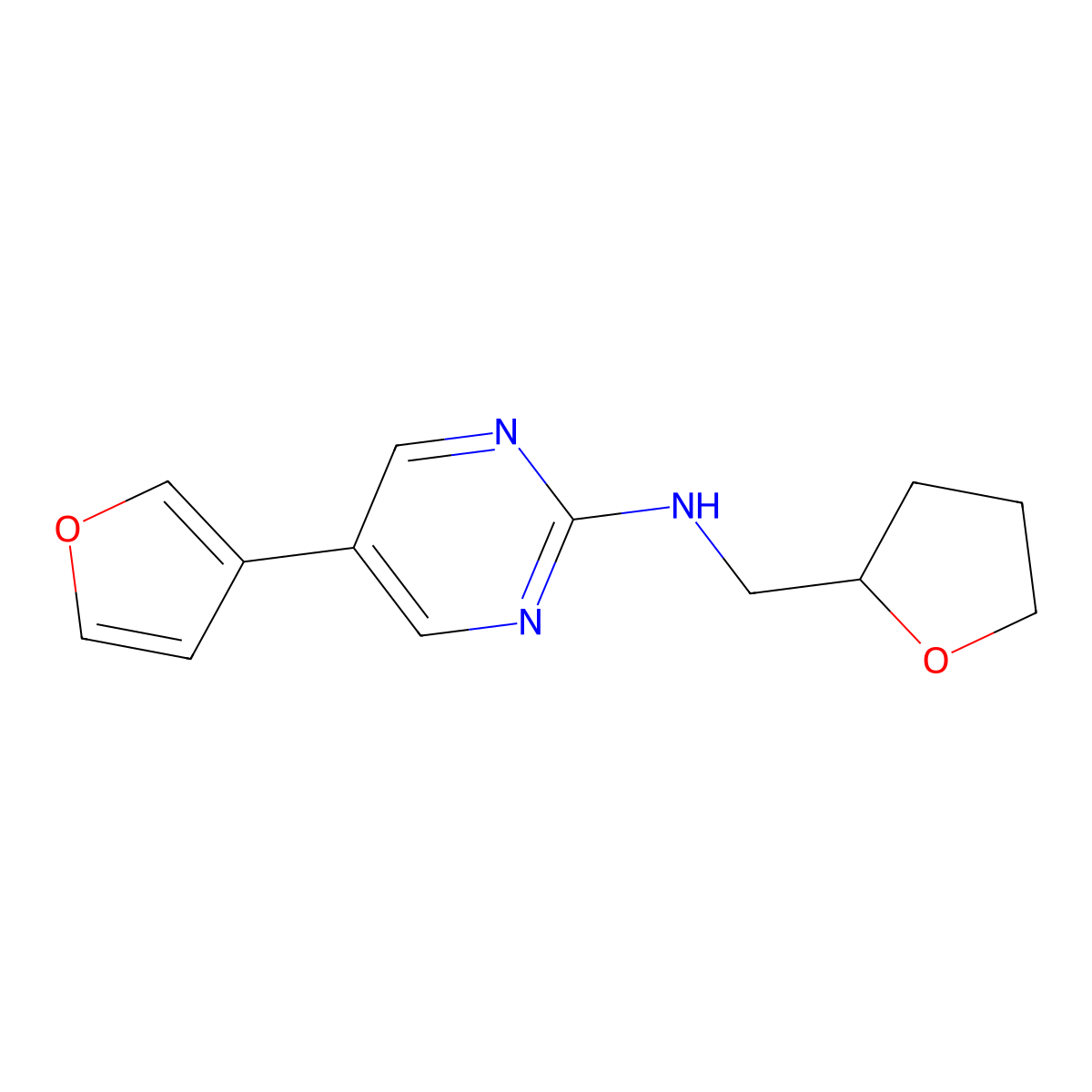 5-(furan-3-yl)-N-[(oxolan-2-yl)methyl]pyrimidin-2-amine molecular structure, CAS 2640935-48-2