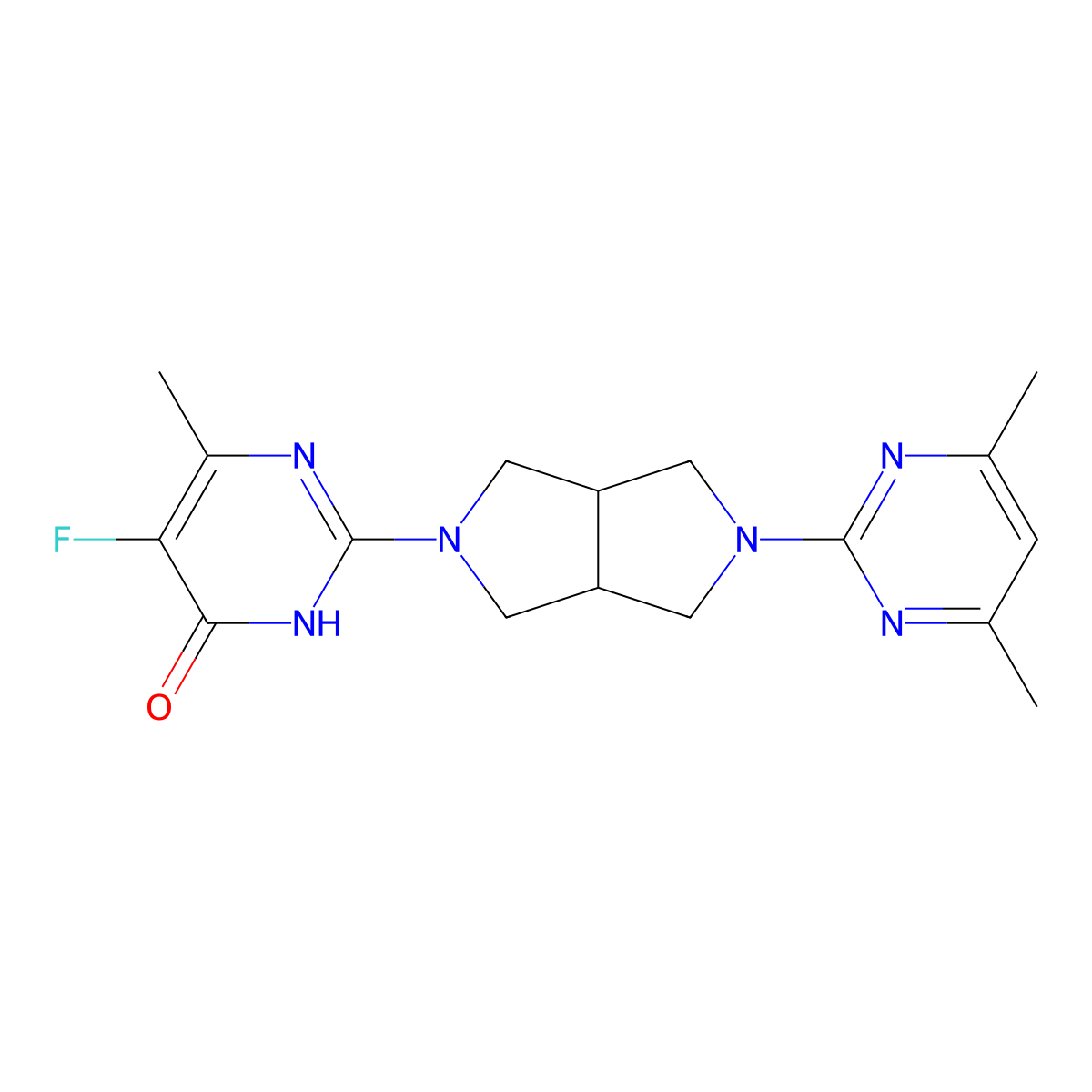 2-[5-(4,6-Dimethylpyrimidin-2-yl)-octahydropyrrolo[3,4-c]pyrrol-2-yl]-5-fluoro-6-methyl-3,4-dihydropyrimidin-4-one molecular structure, CAS 2640935-49-3