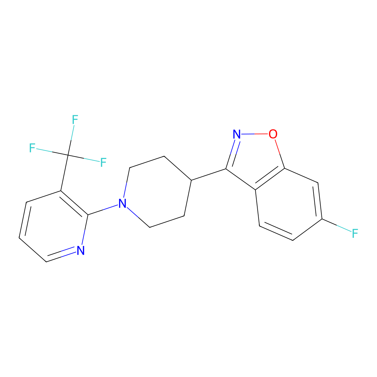 6-Fluoro-3-{1-[3-(trifluoromethyl)pyridin-2-yl]piperidin-4-yl}-1,2-benzoxazole molecular structure, CAS 2640935-51-7