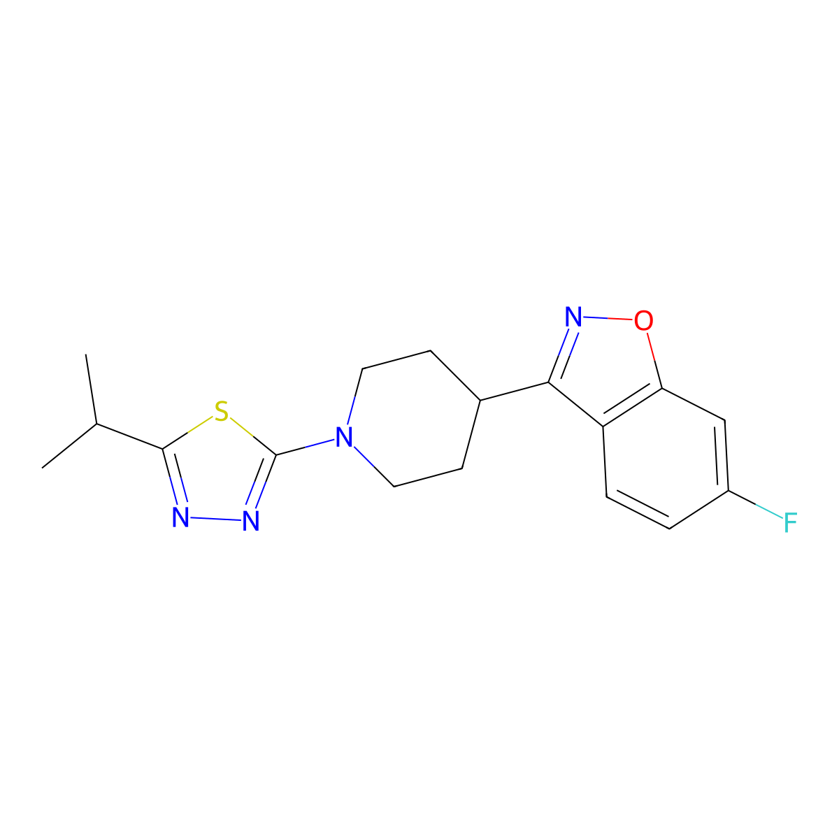 6-Fluoro-3-{1-[5-(propan-2-yl)-1,3,4-thiadiazol-2-yl]piperidin-4-yl}-1,2-benzoxazole molecular structure, CAS 2640935-52-8