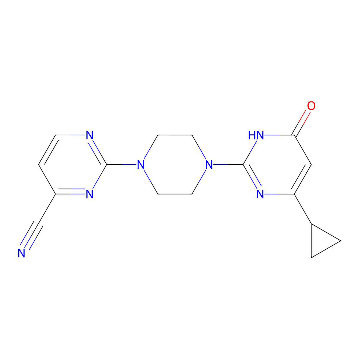 2-[4-(4-Cyclopropyl-6-oxo-1,6-dihydropyrimidin-2-yl)piperazin-1-yl]pyrimidine-4-carbonitrile molecular structure, CAS 2640935-55-1