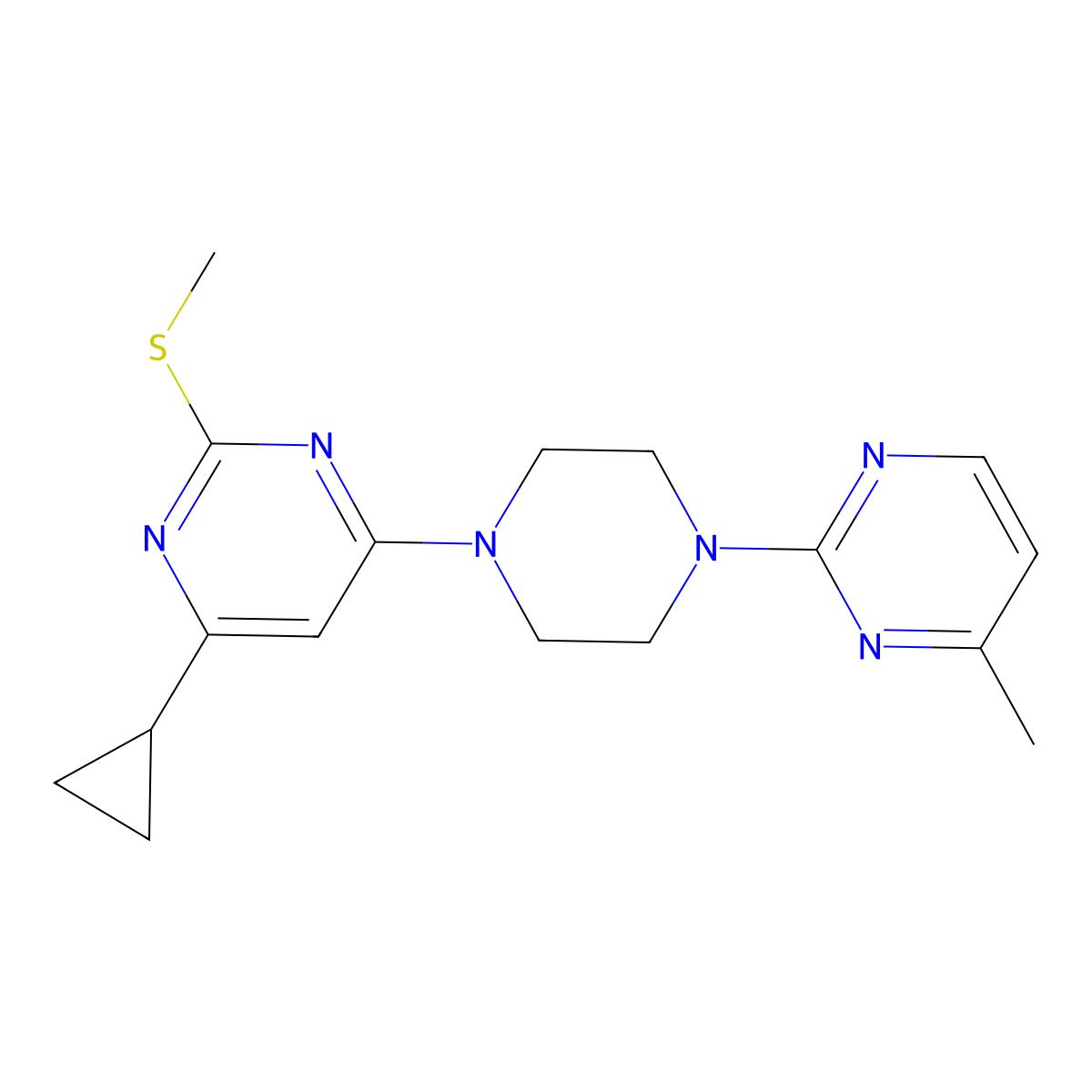 4-Cyclopropyl-6-[4-(4-methylpyrimidin-2-yl)piperazin-1-yl]-2-(methylsulfanyl)pyrimidine molecular structure, CAS 2640935-64-2
