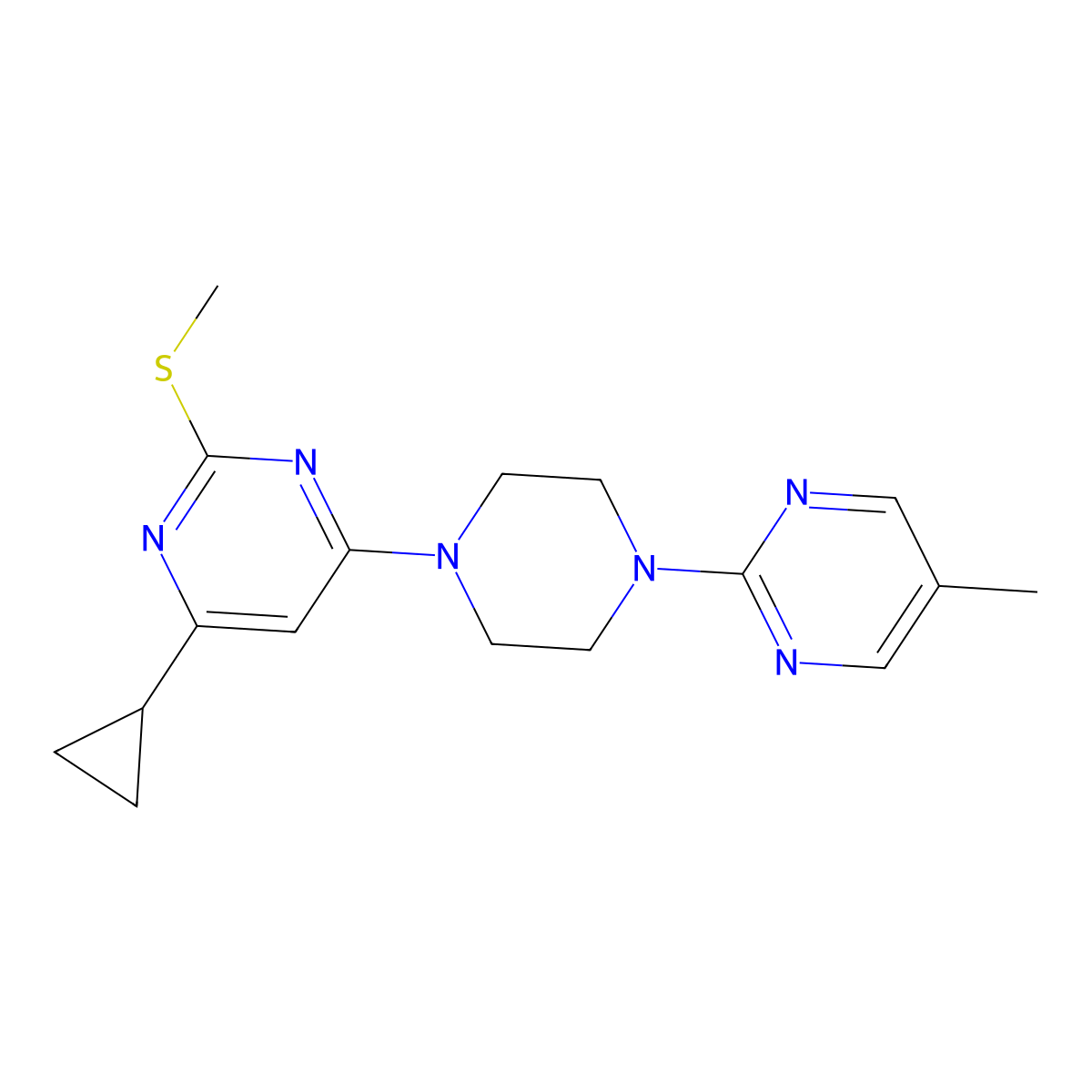 4-Cyclopropyl-6-[4-(5-methylpyrimidin-2-yl)piperazin-1-yl]-2-(methylsulfanyl)pyrimidine molecular structure, CAS 2640935-66-4