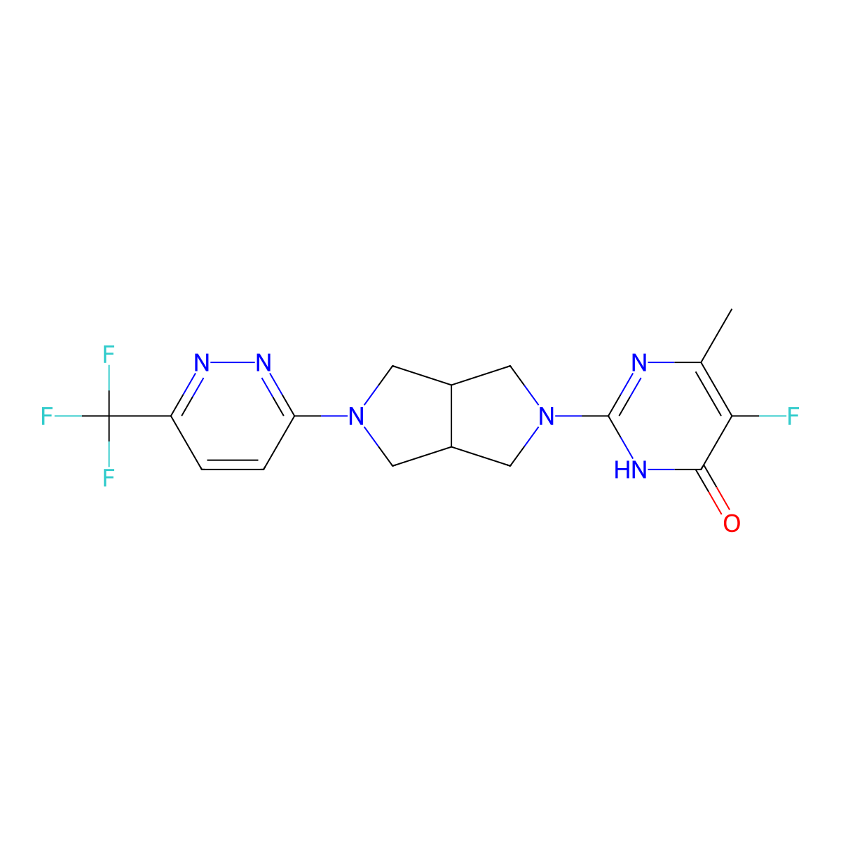 5-Fluoro-6-methyl-2-{5-[6-(trifluoromethyl)pyridazin-3-yl]-octahydropyrrolo[3,4-c]pyrrol-2-yl}-3,4-dihydropyrimidin-4-one molecular structure, CAS 2640935-68-6