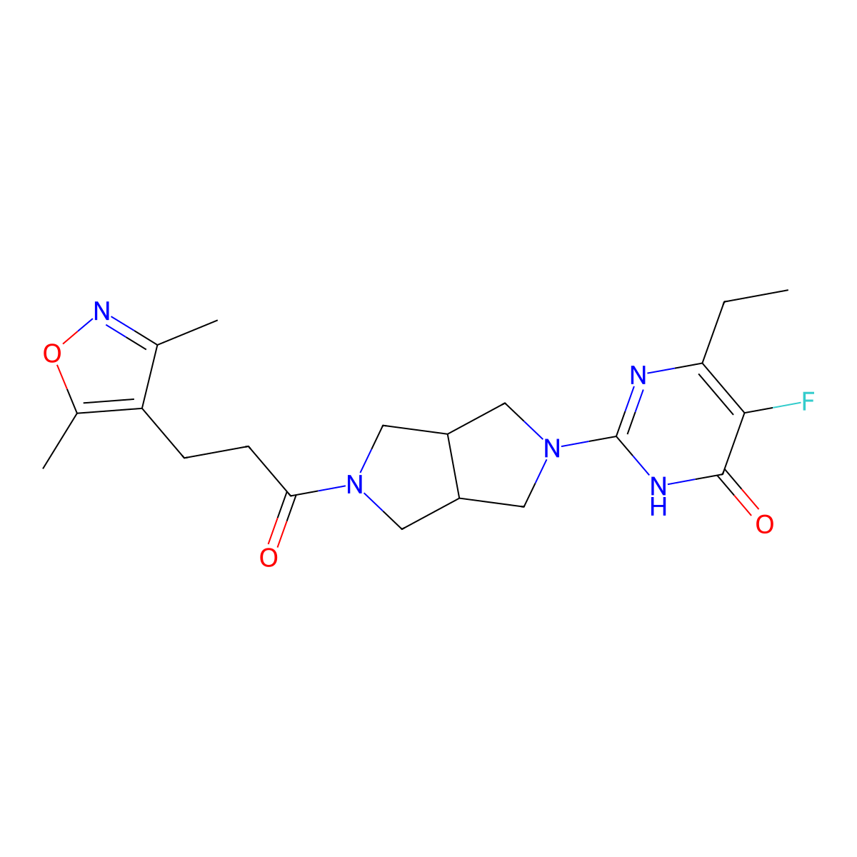 2-{5-[3-(3,5-Dimethyl-1,2-oxazol-4-yl)propanoyl]-octahydropyrrolo[3,4-c]pyrrol-2-yl}-6-ethyl-5-fluoro-3,4-dihydropyrimidin-4-one molecular structure, CAS 2640935-72-2